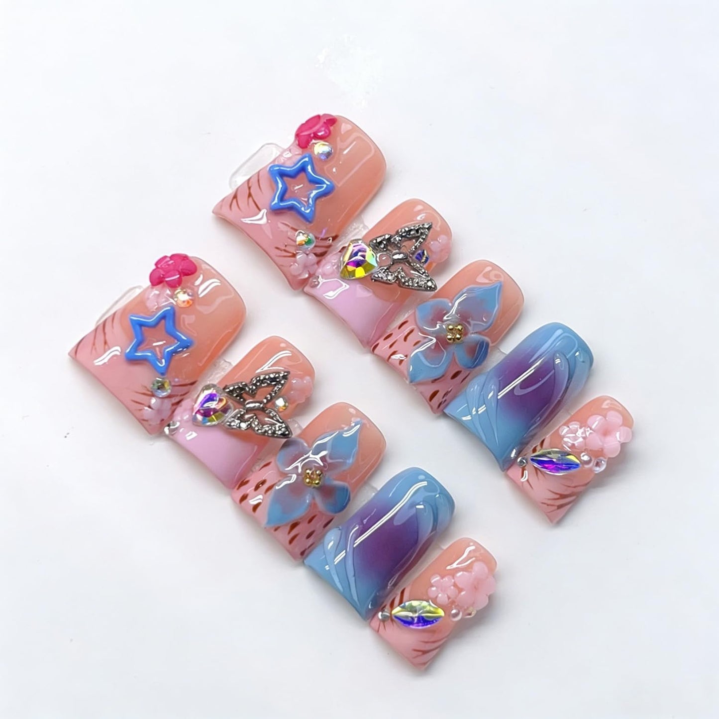 10Pcs Medium Duck Press On Nails Handmade Fake Nails Nude Pink Nail Press Ons with Flower Luxury Rhinestones Designs French False Nails Full Cover Artificial Glossy Stick On Nail For Women（Size S）