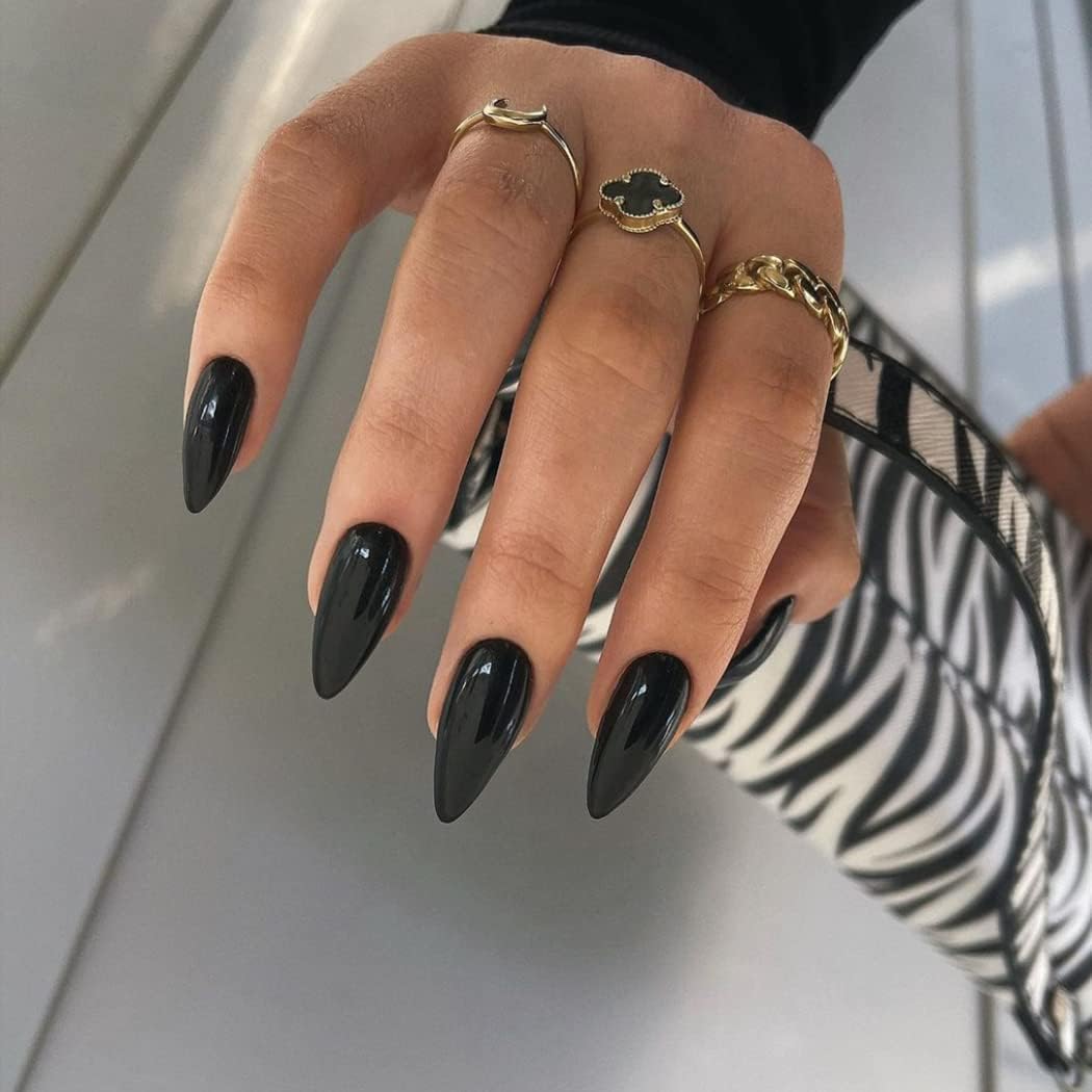 KQueenest Black Press on Nails Medium Almond &Black Press on Toes Short Square For Beach Party Daily Decoration in 48 PCS
