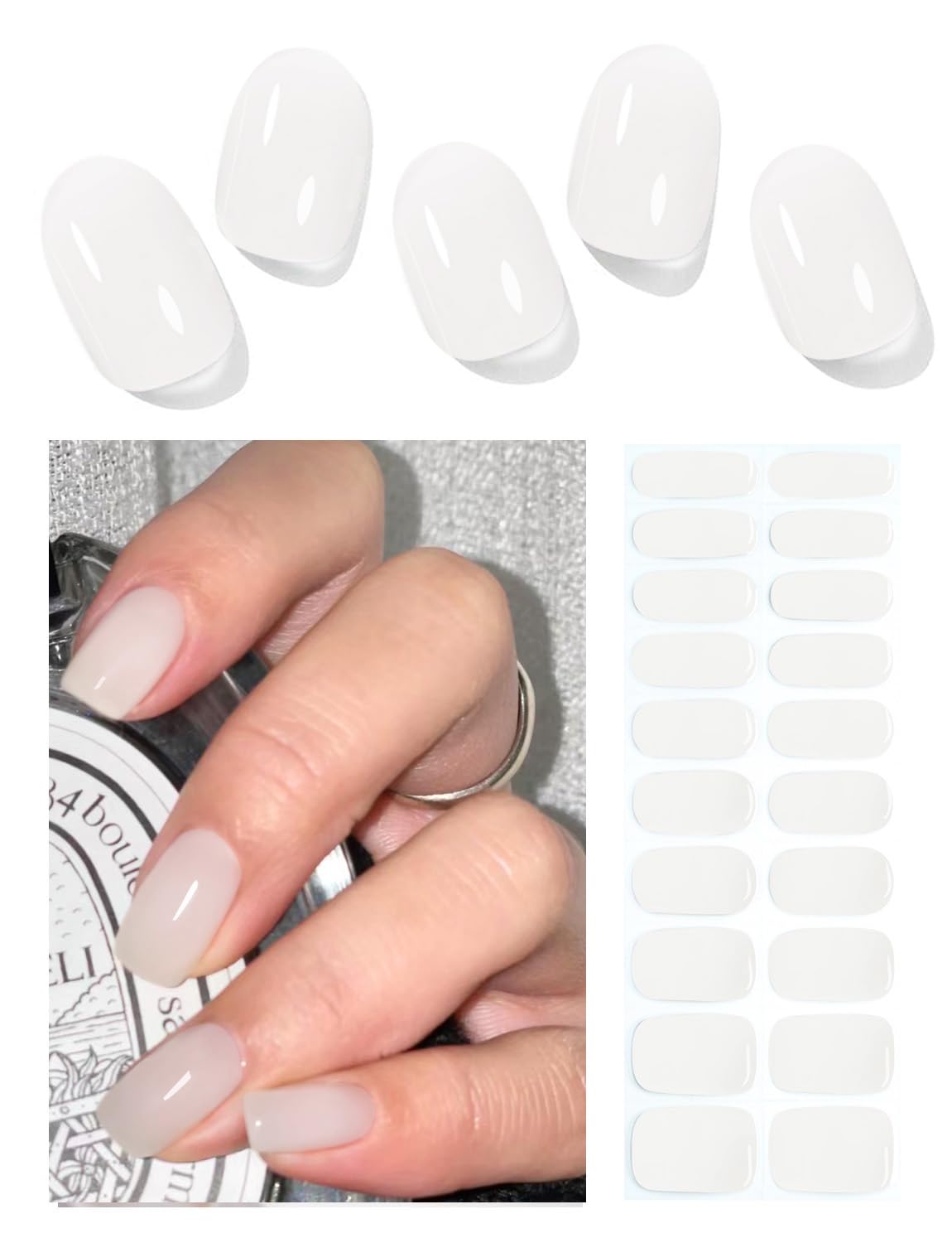 UV Gel Nail Stickers, Milky 20pcs Semi Cured Gel Nail Strips, Wraps for Home Manicure DIY