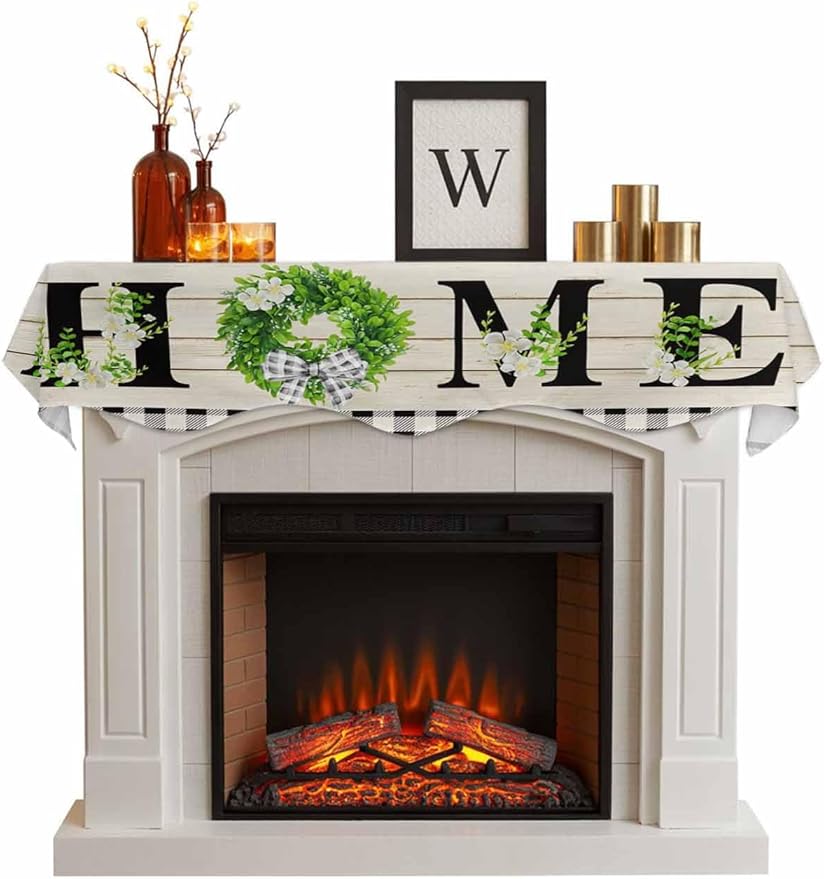 Rustic Home Fireplace Mantel Scarf Table Runner,Eucalyptus Leaves Floral Wooden Buffalo Plaid Winter Garland Mantel Top Tablerunners Dresser Scarves Cover for Windows Party Living Room 60"x17"