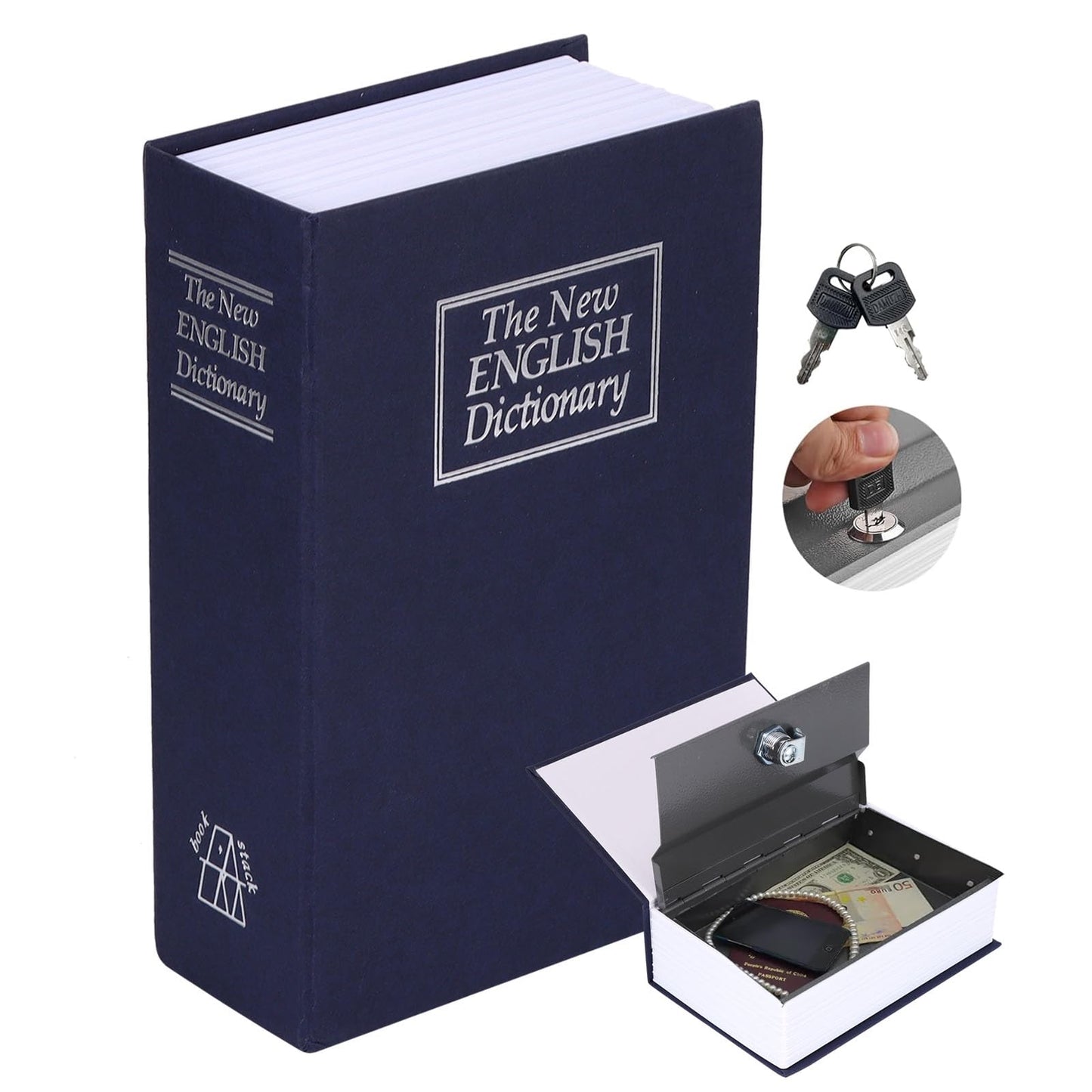 Book Safe With Combination Lock or Key, Dictionary Hidden Safe with 3 Digit Combination Lock, Portable strongbox Perfect for Coins, Cash, Money and Jewelry, Waterproof (Blue（key）)