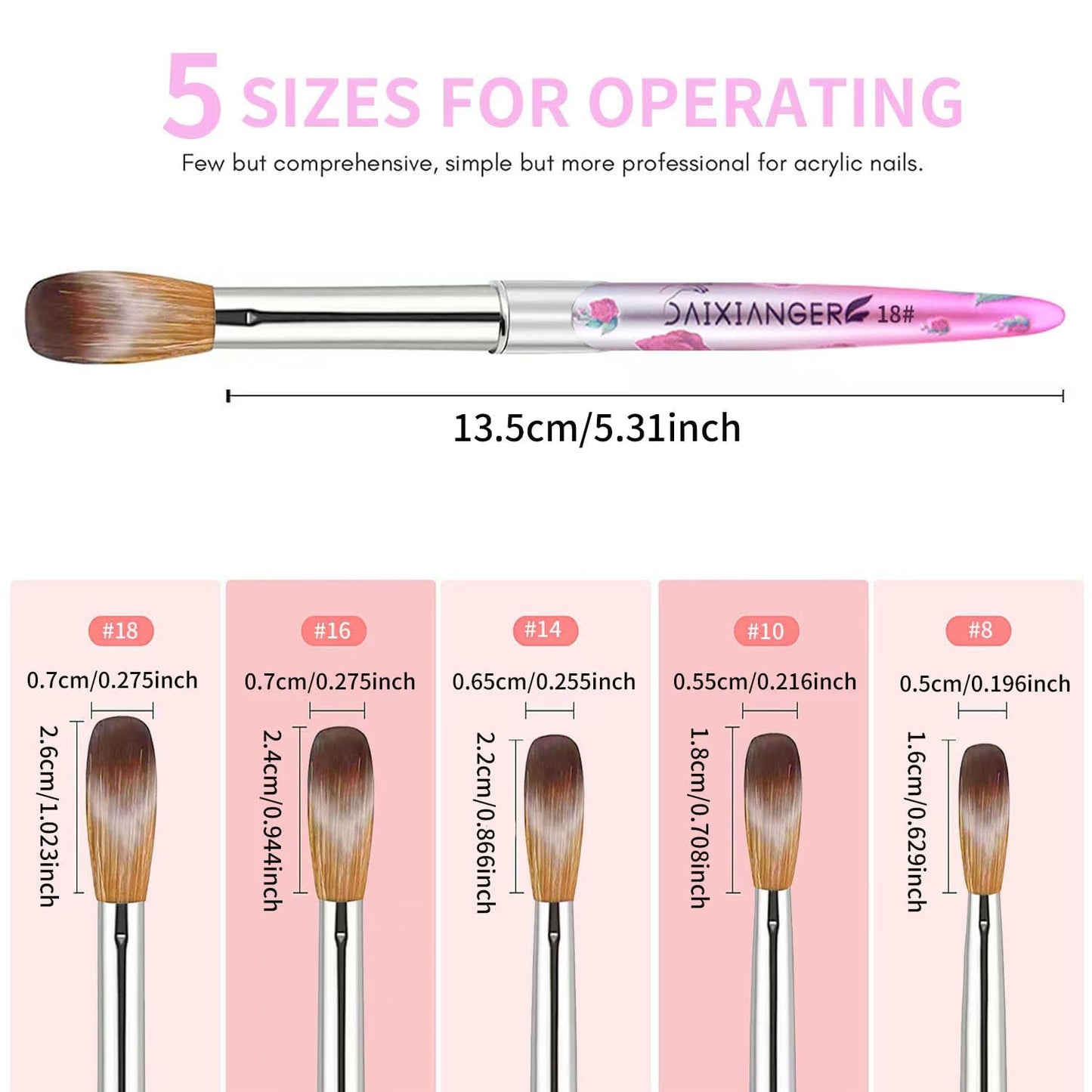 DAIXIANGER 5PCS Acrylic Nail Brush Set - Size 8/10/14/16/18 Brushes for Acrylic Powder Application, 3D Carving & Nail Art Extension, Pink Flower Handle Nail Tools for DIY Salon Manicure