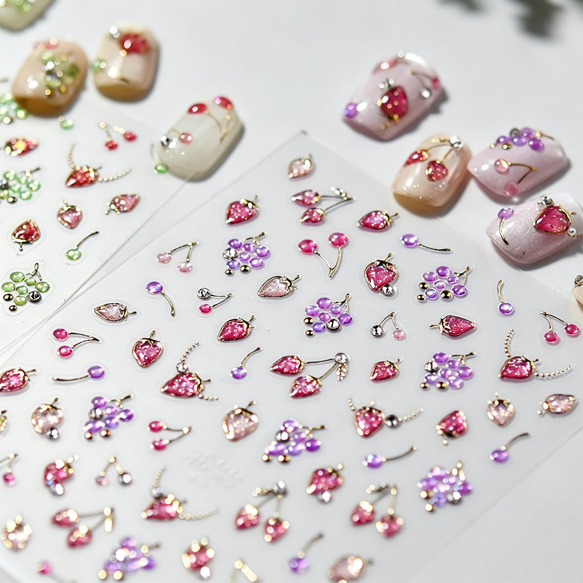 5D Embossed Fruit Nail Stickers Gold Chain Rhinestone Nail Decals Luxury Self-Adhesive Cute Fruit Y2K Nail Art Stickers for Women Girls DIY Manicure Decor, 1 Sheet
