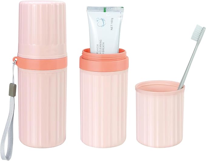 Mulbozy Travel Toothbrush Holder, Large Travel Toothbrush Cup Case, Portable Travel Toothbrush Toothpaste Makeup Storage for Business Trip Camping School - Pink