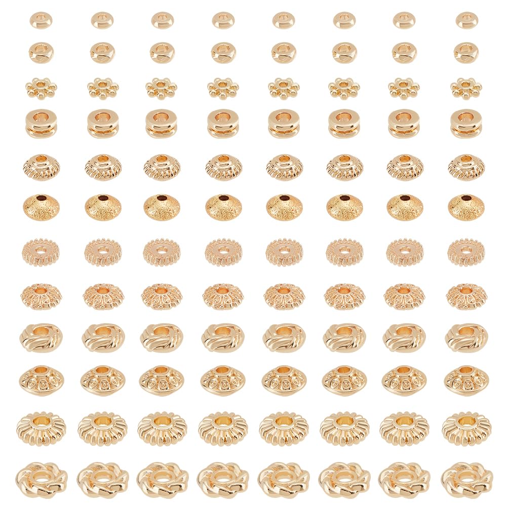 PH PandaHall 120Pcs 14K Gold Spacer Beads, 12 Style Alloy Brass Spacer Beads Gold Flat Bead Flower Cylindrical Bead for Jewelry Making Stackable Bracelet Necklace Earring