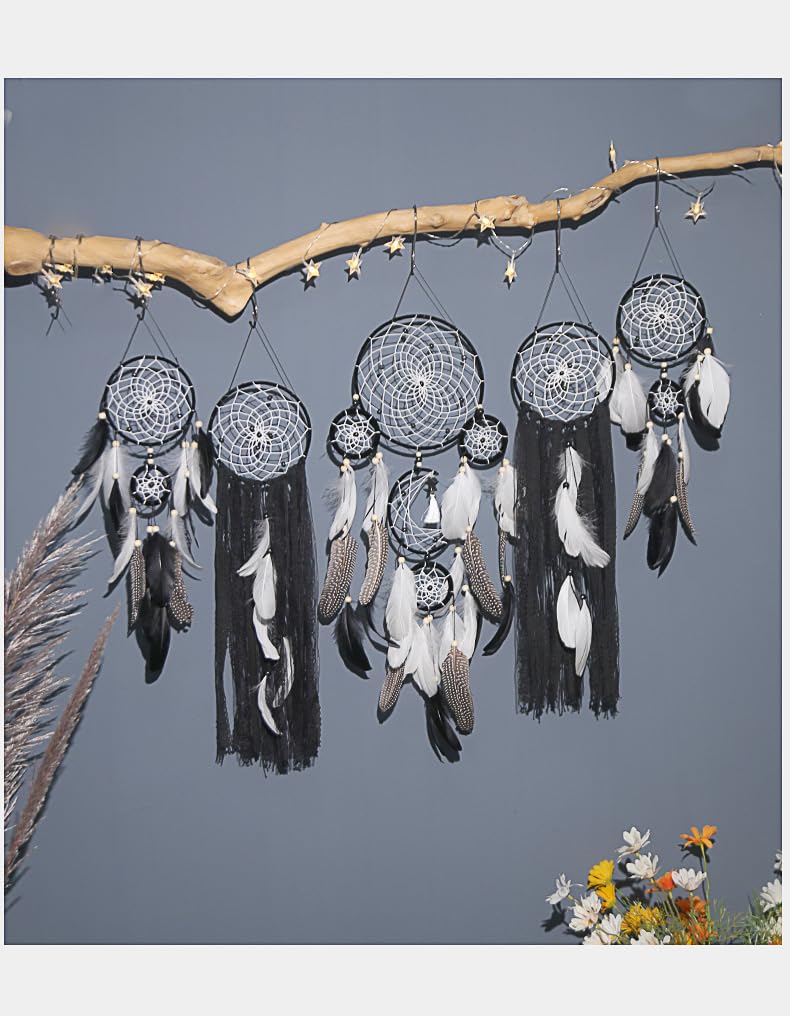 5 Pack Moon Phase Dreamcatcher Set Boho Wall Decor, Boho Macrame Wall Hanging Dream Catchers, for Home, Bedroom, Living Room, Witchy Gifts (White)