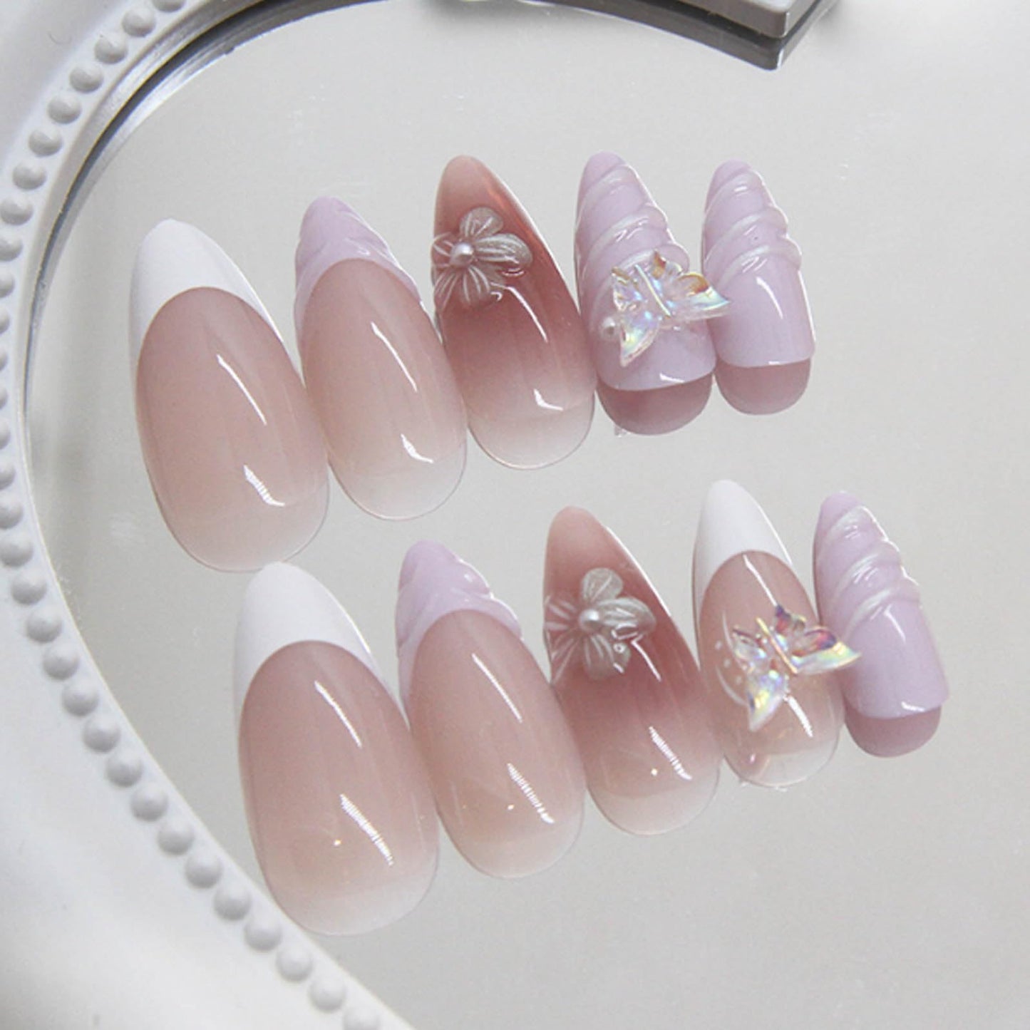 Hkanlre Almond Fake Nude Nails Tips Full Cover False Medium Nails Summer Flower Press on Nails for Women 24PCS