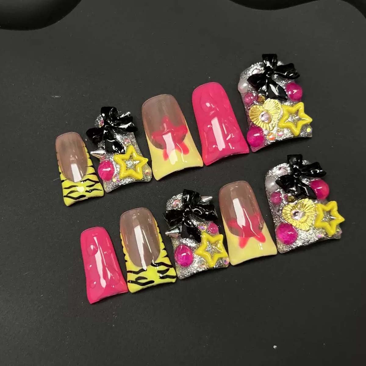 10Pcs Handmade Press On Nails Medium Duck Fake Nails Bow Charms With Star Design Y2k False Nails Full Cover French Tip Artificial Cute Stick On Nail For Women(SIZE: M)