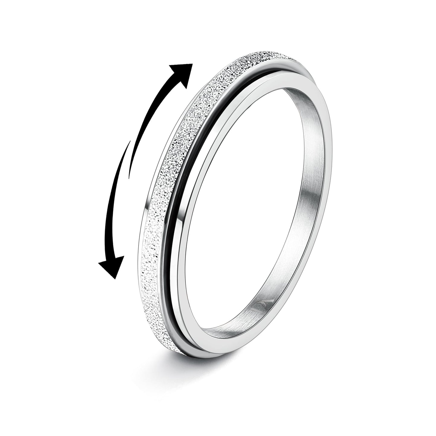 Diamday Fidget Rings for Women Men - 2mm Silver Spinner Stainless Steel Ring for Anxiety Stress Relief Glitter Sandblast Spinning Figit Anxiety Jewelry for Wedding Promise Size 8