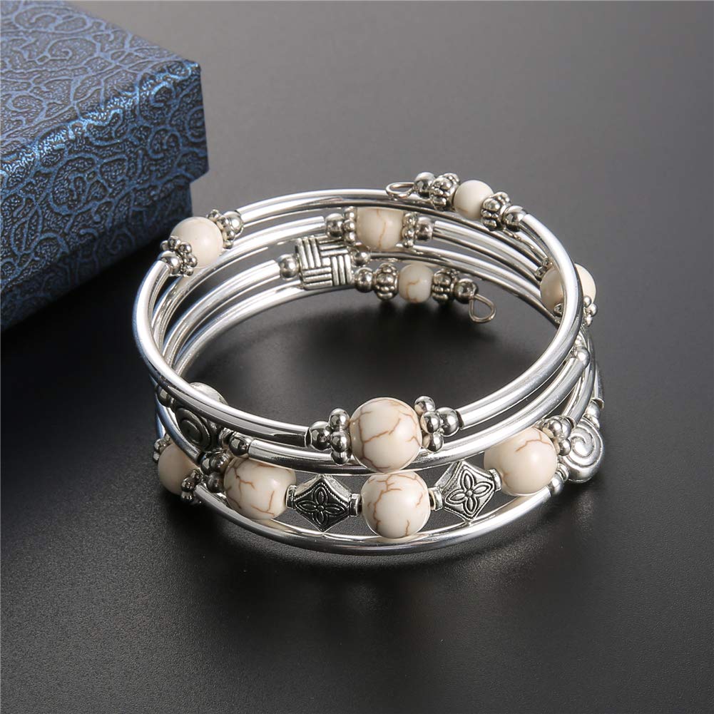 Beaded Pearl Bangle Wrap Bracelet - Fashion Bohemian Jewelry Multilayer Charm Bracelet with Thick Silver Metal Beads, Gift For Women(White Turquoise)