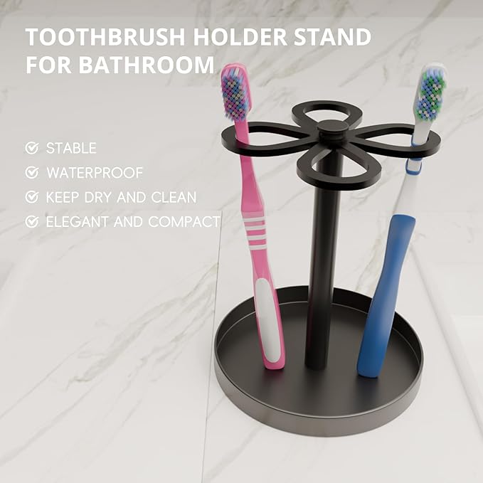 Metal Toothbrush Holders for Bathroom with 4 Slot Black Tooth Brush Holder Stand and Non-Slip Base， Countertop Organizer for Family and Hotel，Compact Design