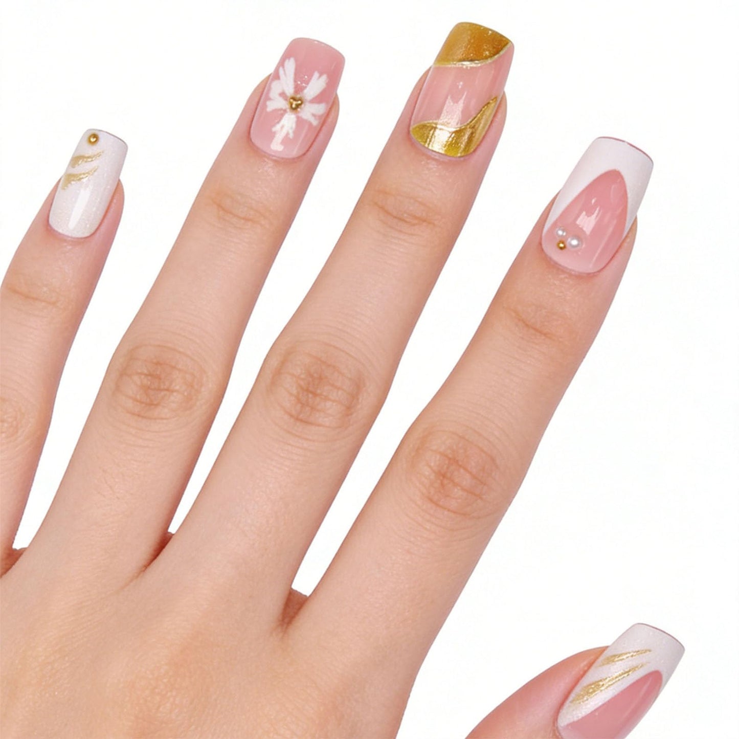 French Tip Press on Nails Medium Square Fake Nails with White Pearl Flower Designs Glossy Nails Press ons Pink Full Cover Glue on Nails Summer Acrylic Artificial Stick on Nails for Women 24Pcs