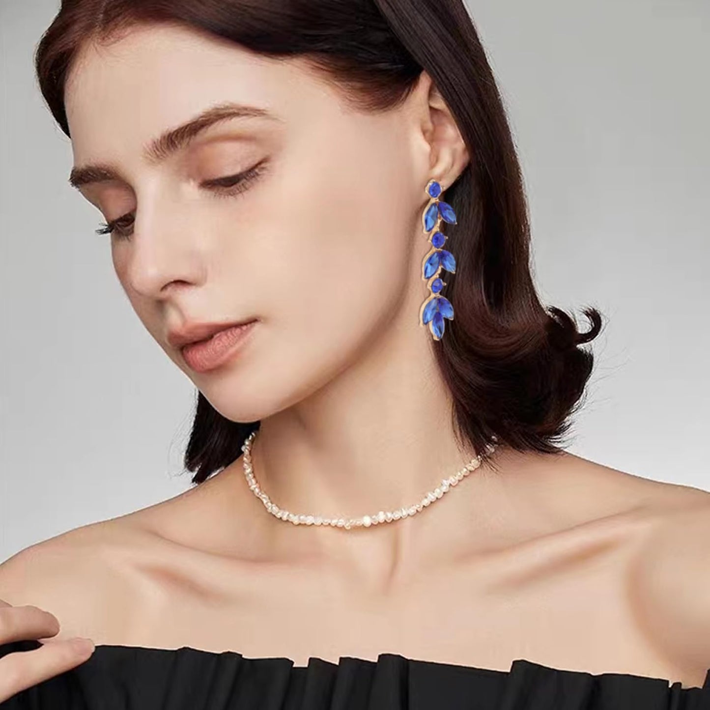 GAOKOXI Royal Blue Wedding Rhinestone Dangle Earrings Elegant Bridal Crystal Drop Earrings for Women Bridesmaids Guest Party Prom