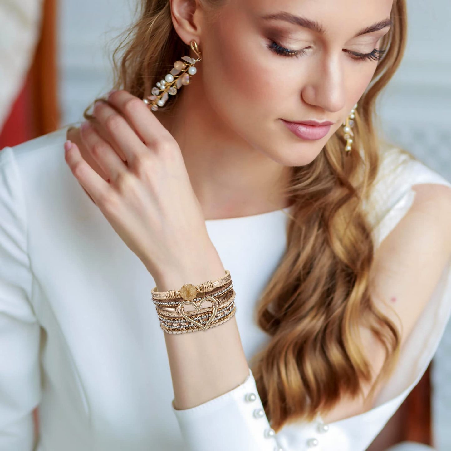 Leopard Bracelet for Women, Boho Leather Wrap Multi-Layer Pearl Crystal Bracelet Bangle Jewelry (Heart Leather1)