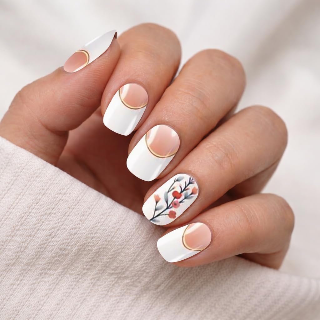 Adora Couture Semi Cured Gel Nail Strips with 30 Pieces - UV Gel Stickers, Manicure Kit, Easy Application Wraps Includes Prep Pads, Nail File, Wooden Stick - UV Light Required (White Botanical)