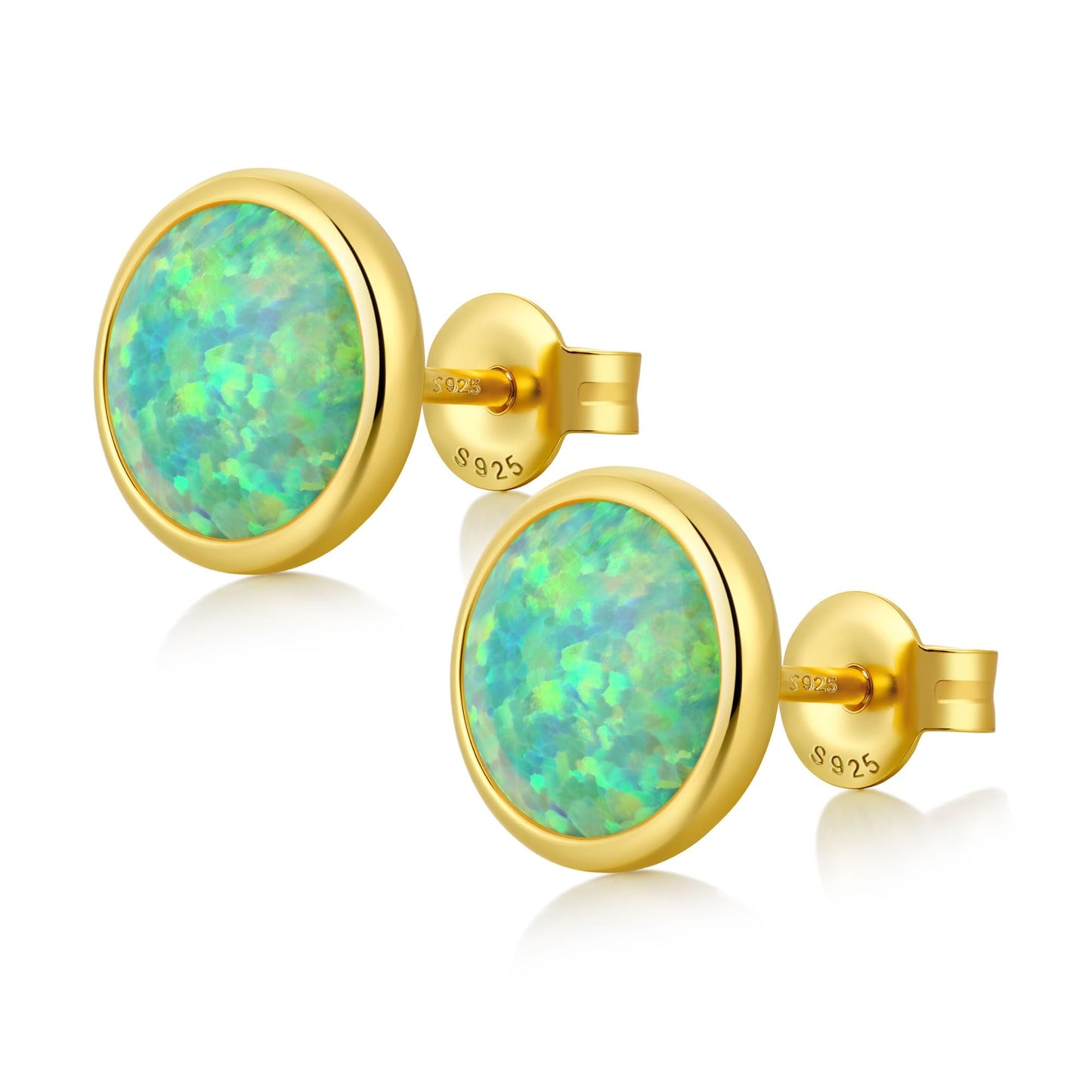 JiayangJY Silver Green Fire Opal Stud Earrings for Women 18K Yellow Gold Plated Sterling Silver Round Shape 7mm Opal Earrings with Push Back