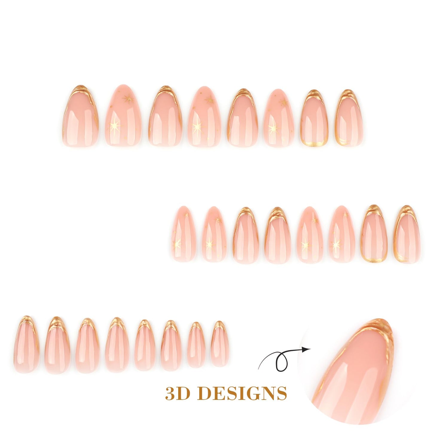 IMRAIN Press on Nails Medium Almond Fake Nails with Gold Line Star Design Gel Acrylic False Nails Full Cover Stick on Nails for Women 24Pcs
