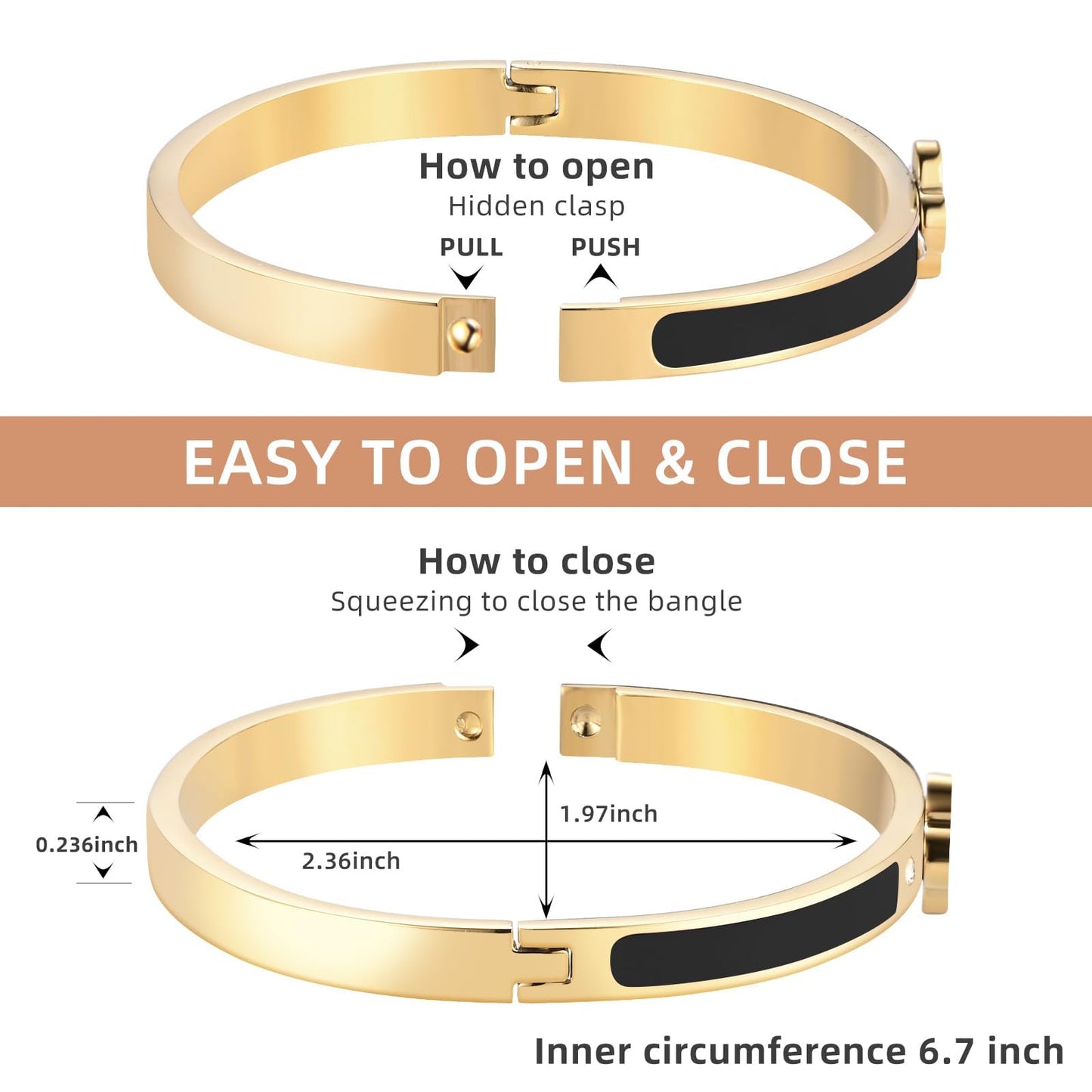 KYJAC 18k Gold Plated Stainless Steel Four Leaf Clover Bracelet for Women - Non-Tarnish, Precision Polished Chunky Oval Bangle in Black, White, Pink, Red Clover Bangle