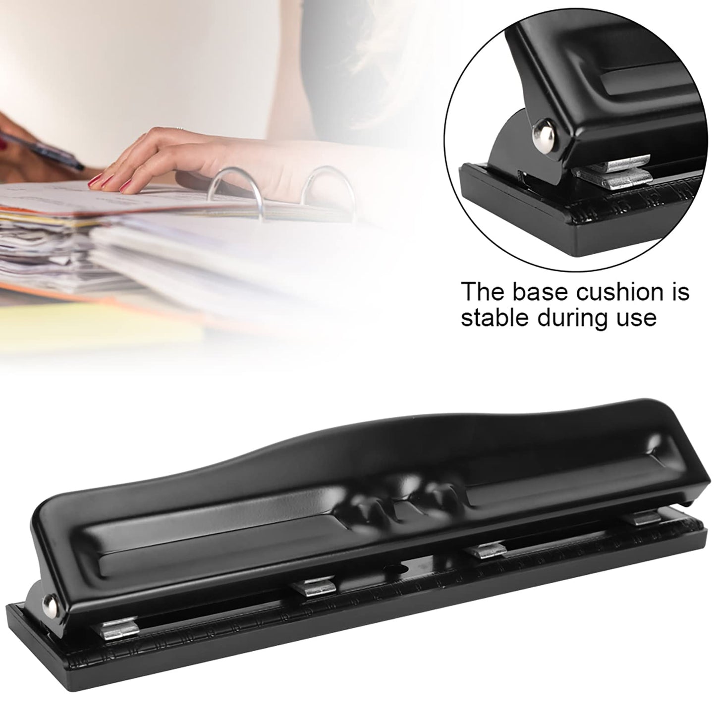 Adjustable 4-Hole Paper Puncher for A4 Refills - 10 Sheet Capacity - Portable Manual Tool with 6mm Hole Diameter - Black Desktop Ring Puncher for Office and School Supplies 999D