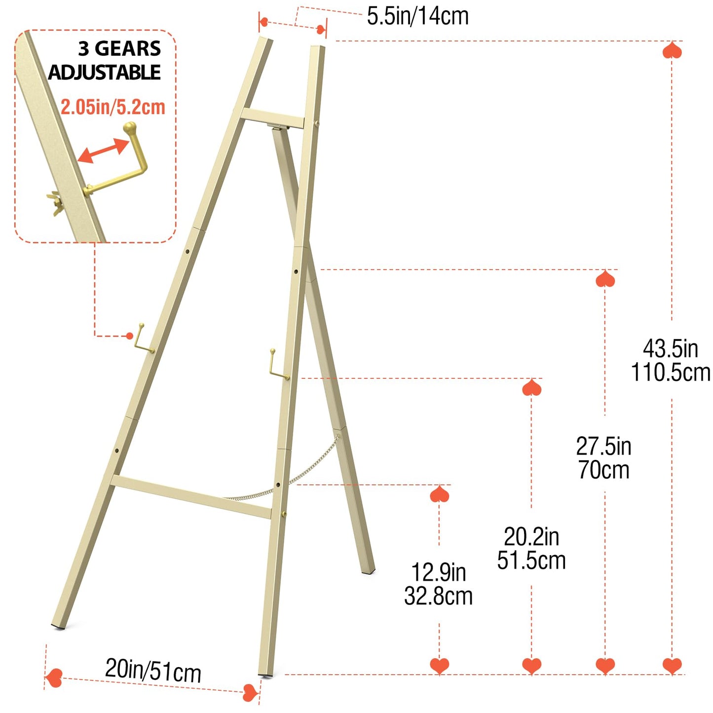 Gold Metal Easel Stand 46.7", Heavy Duty Floor Display Easel, Adjustable 4-Tier with Chain Support, Wedding Welcome Sign Holder, Poster Stand, Easy to Assemble, Assembly Required (1 Pack)