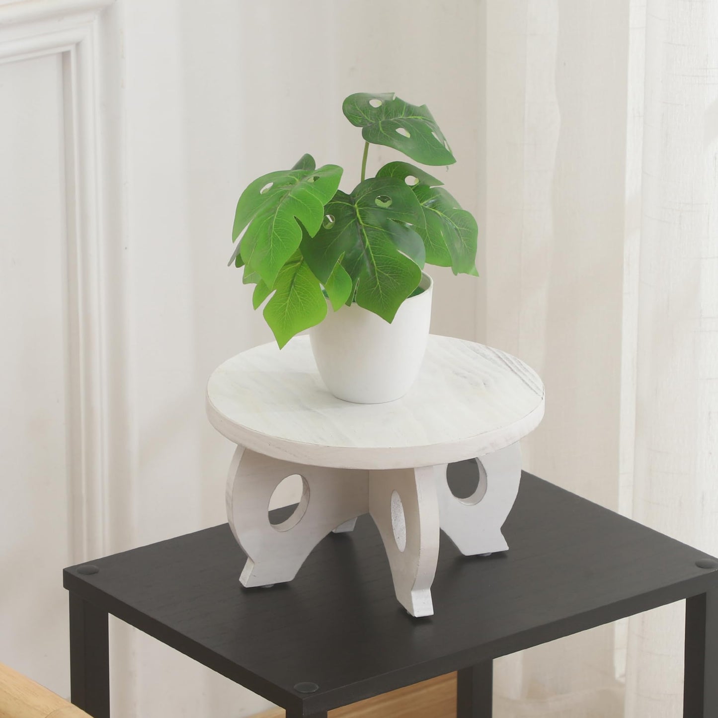 VZODESR Small Plant Stand Kitchen Display Stand 10 inch Plant Holder Plant Stool Round Stand Risers Farmhouse Rustic Balcony Decor Pedestal Board Washed White