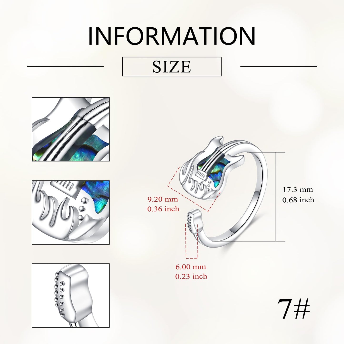 JBAERD Guitar Rings Sterling Silver Adjustable Guitar Rings Music Jewelry Gifts for Women Men