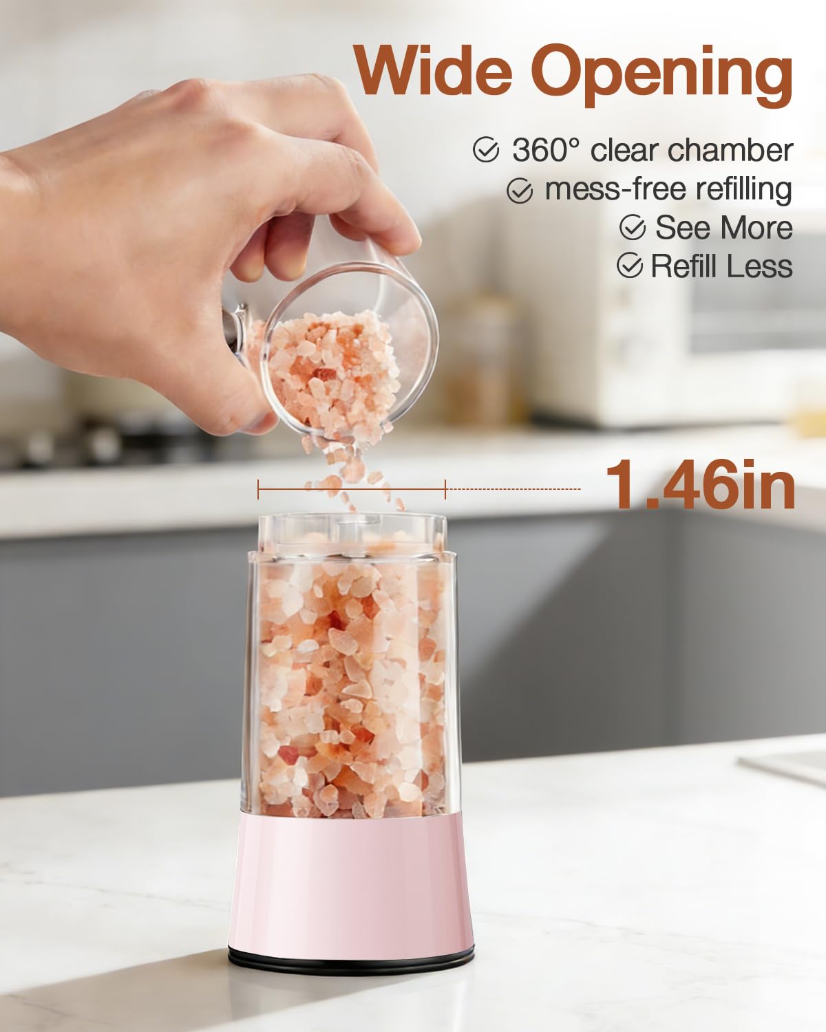 Gravity Electric Salt and Pepper Grinder Set 2-Pack, USB-C Rechargeable with LED Light, Automatic Stainless Steel Mills for Kitchen, BBQ, Dining Table & Gifts - Petal Pink