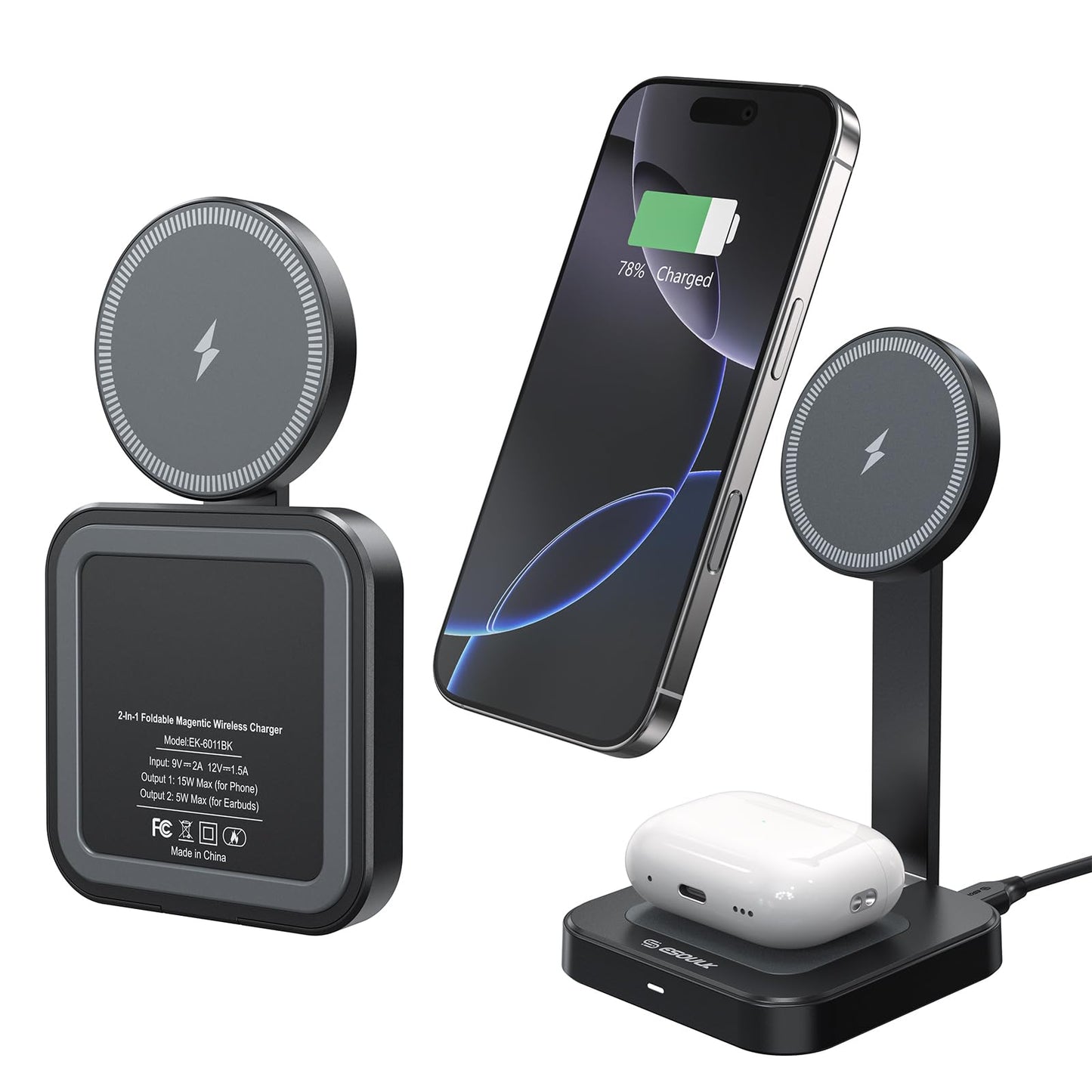 Esoulk 2 in 1 Magnetic Wireless Charging Station, Foldable Charger Stand for iPhone 17/16/15/14, AirPods Charging Pad, Travel Compact 15W Fast Wireless Charger