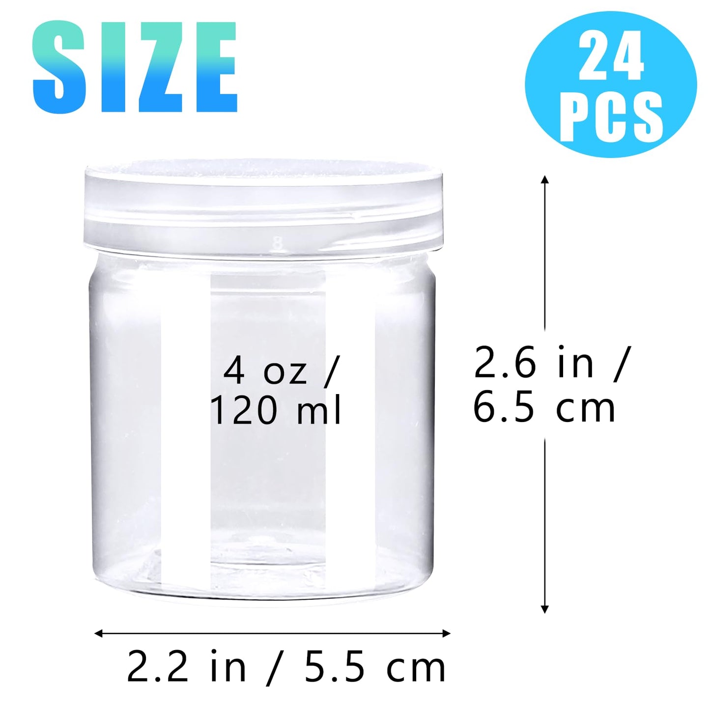 24 Pack 4oz Clear Plastic Slime Containers with Lids,Round Refillable Travel Storage Sealed Jars,Wide Mouth Container for Cosmetics,Lotions,Eye Shadow,Cream,Candy,Makeup,Craft Supplies,Beads