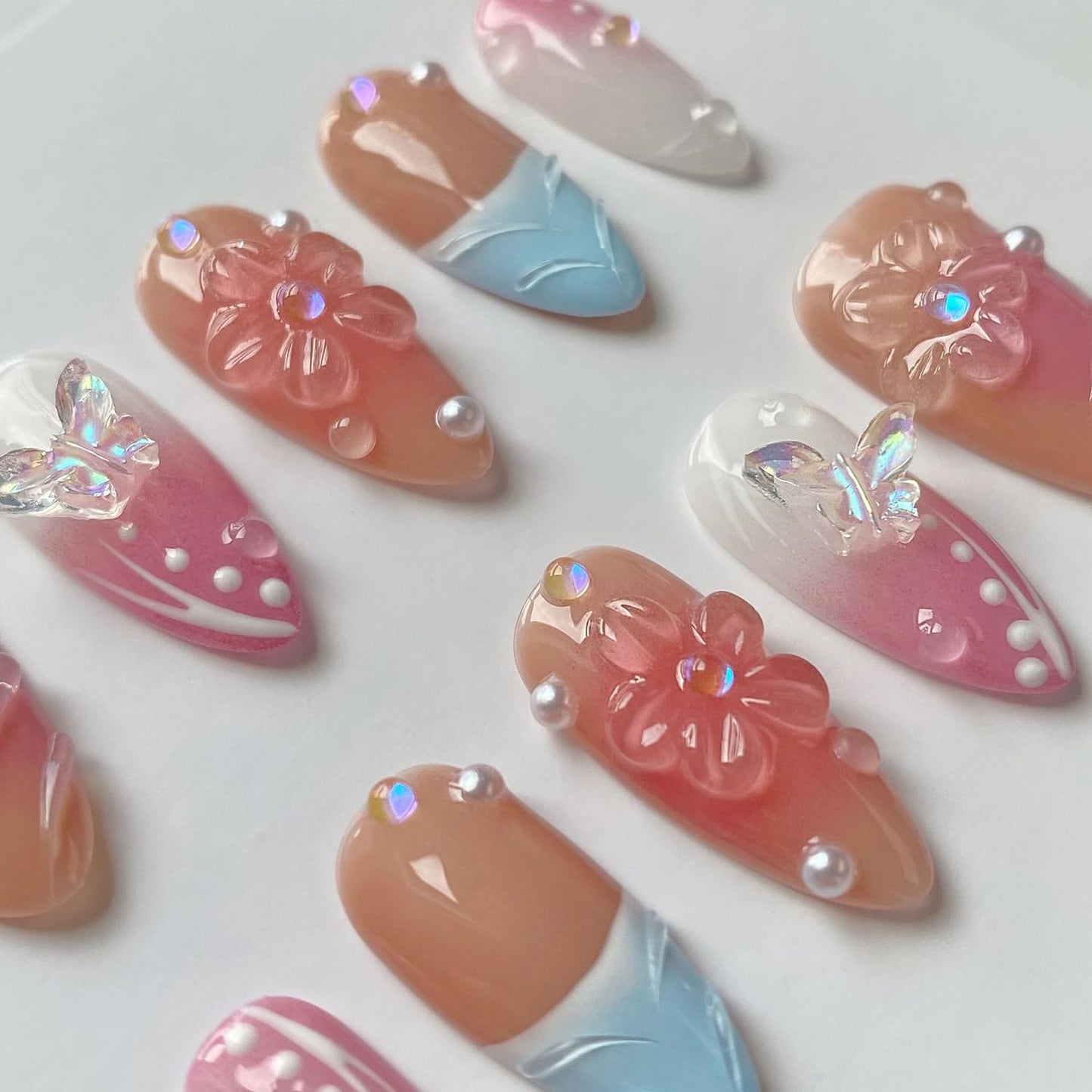 French Press on Nails Handmade Almond Nails Nude Medium Fake Nails with 5D Flower Art & Pear Design Handmade Nail Acrylic Nature False Nails for Wome (Size M)