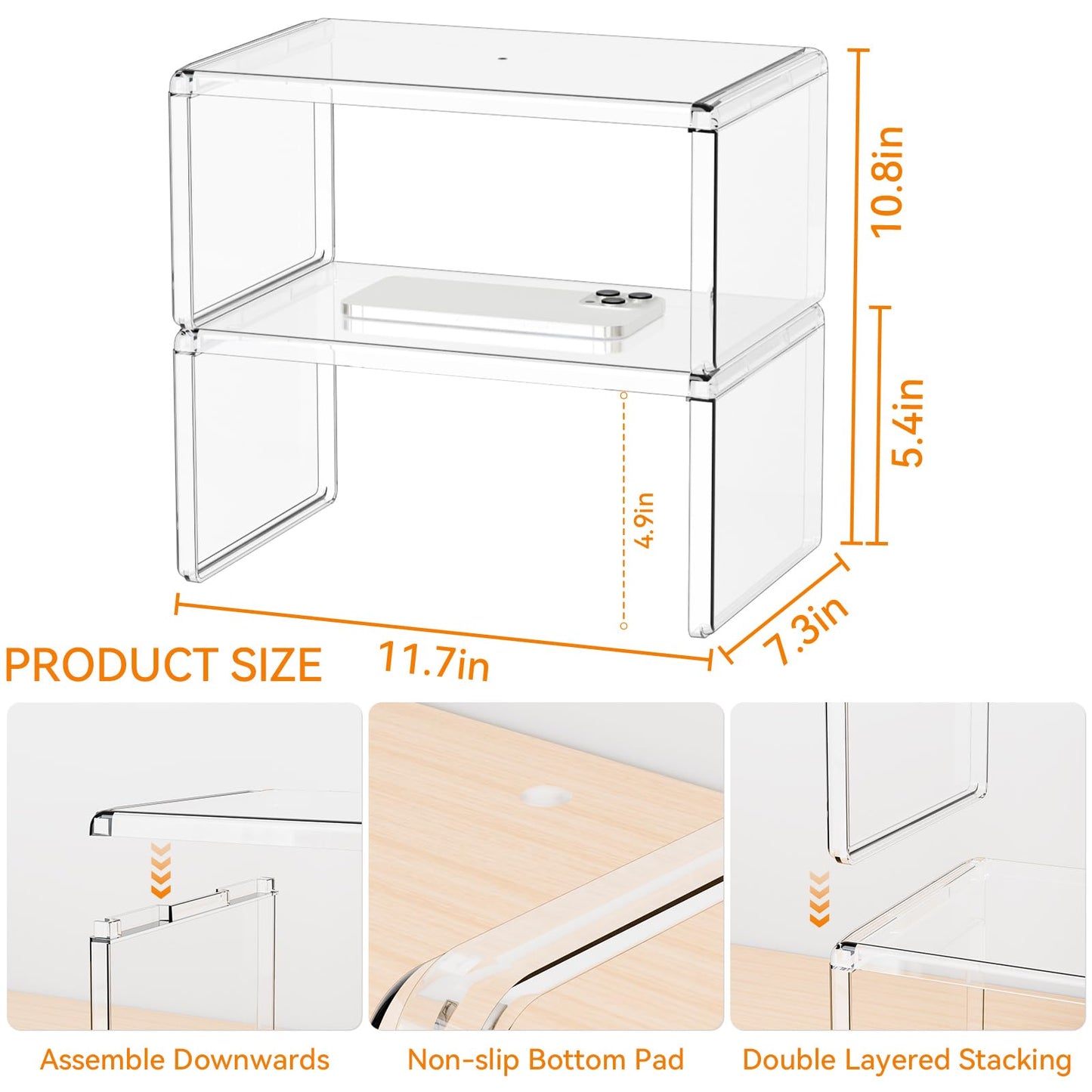 Yieach 2 Pack Acrylic Cabinet Organizer,2 Tier Stackable Shelves for Cabinets,RV Pantry Organization,Counter Space Saver Desk Organizers,Cupboard Shelf and Cabinet Stand & Risers for Mug,Cup,Dish
