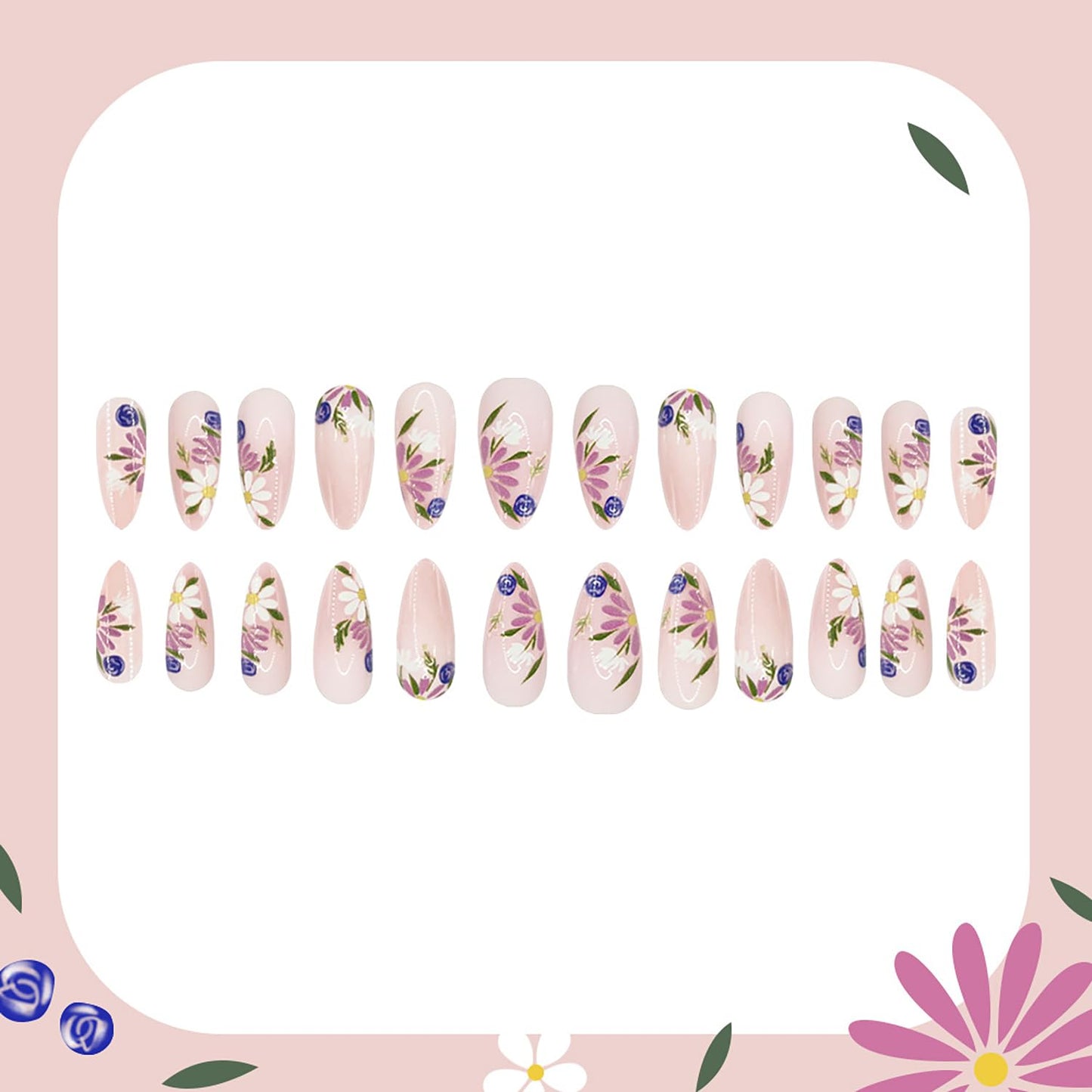 Almond Press on Nails Medium Fake Nails Flower False Nails with Daisy Floral Designs Nude Pink Glossy Glue on Nail Full Cover Spring Summer Acrylic Nails for Women Girls 24Pcs
