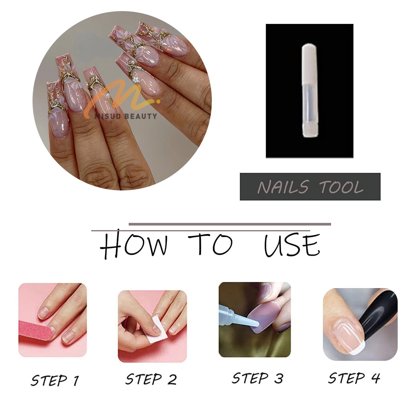 MISUD Press on Nails - Long Coffin Fake Nails with Pink Flower, Acrylic Gold Chrome Design 24 pcs