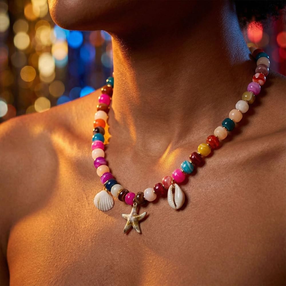 ROYNRAU Chunky Colorful Beaded Necklace for Women-Unique Resin Beads Starfish Shell Charms Pendant Choker Necklaces Boho Statement Summer Vacation Beach Jewelry (Starfish)