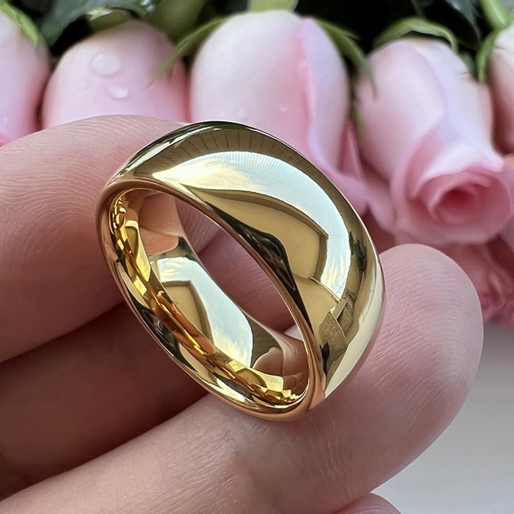 TUTISS 8mm Gold Tungsten Rings for Men Women Engagement Wedding Bands Domed Polished Comfort Fit Size 10