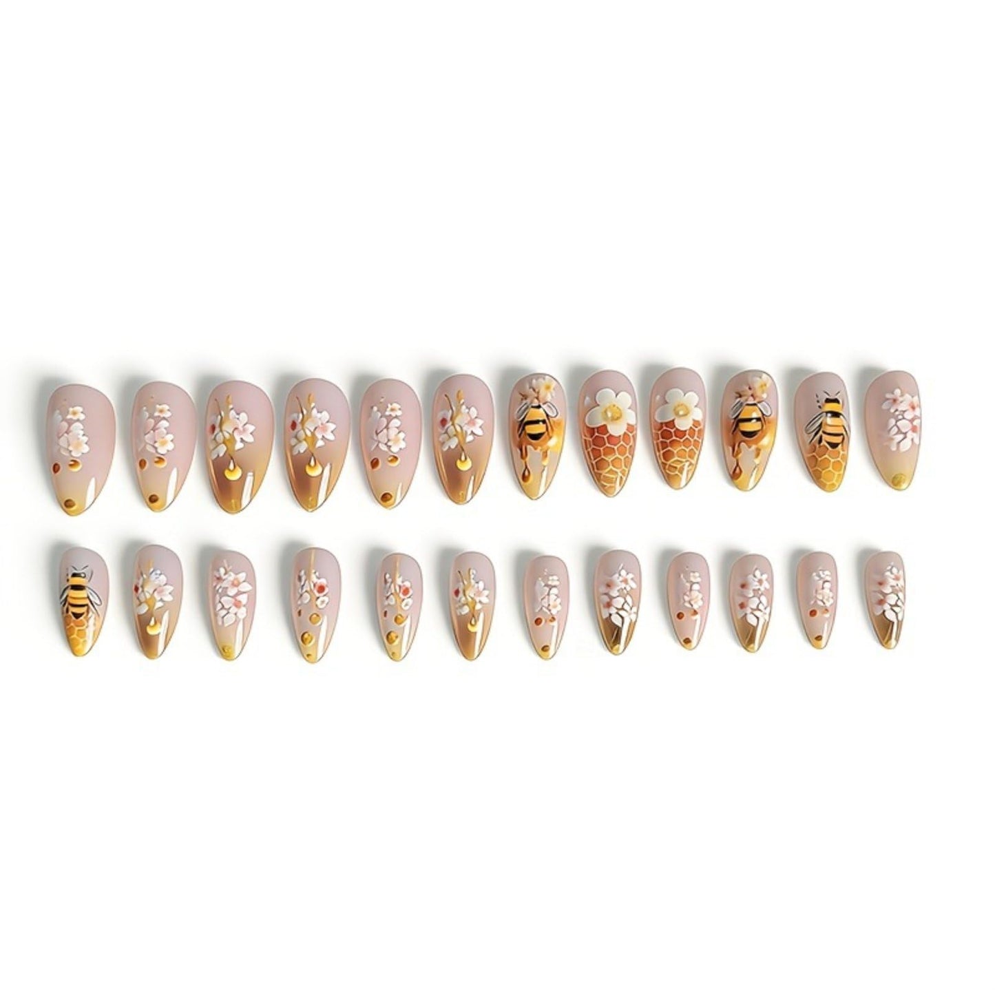 Almond Press on Nails Medium Fake Nails Spring False Nails Bee Flower Artificial Nails with Honeycomb Designs Glossy Acrylic Nails Summer Stick on Nails Full Cover Glue on Nails for Women Manicure
