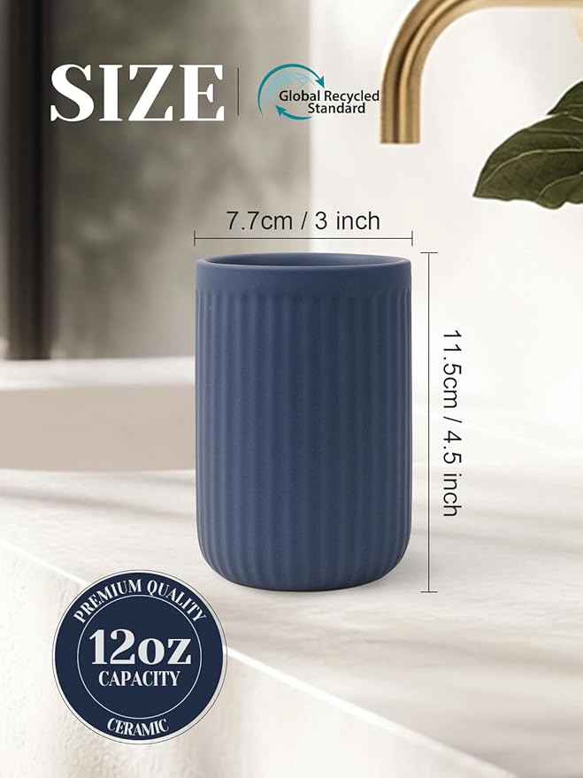 INGOFIN Ceramic Toothbrush Holder, 12 oz Toothpaste Holder Bathroom Cup, Tooth Brush Holder for Vanity Countertop, Organizer Storage for Cosmetic, Makeup, Office Pencils, Matte Blue