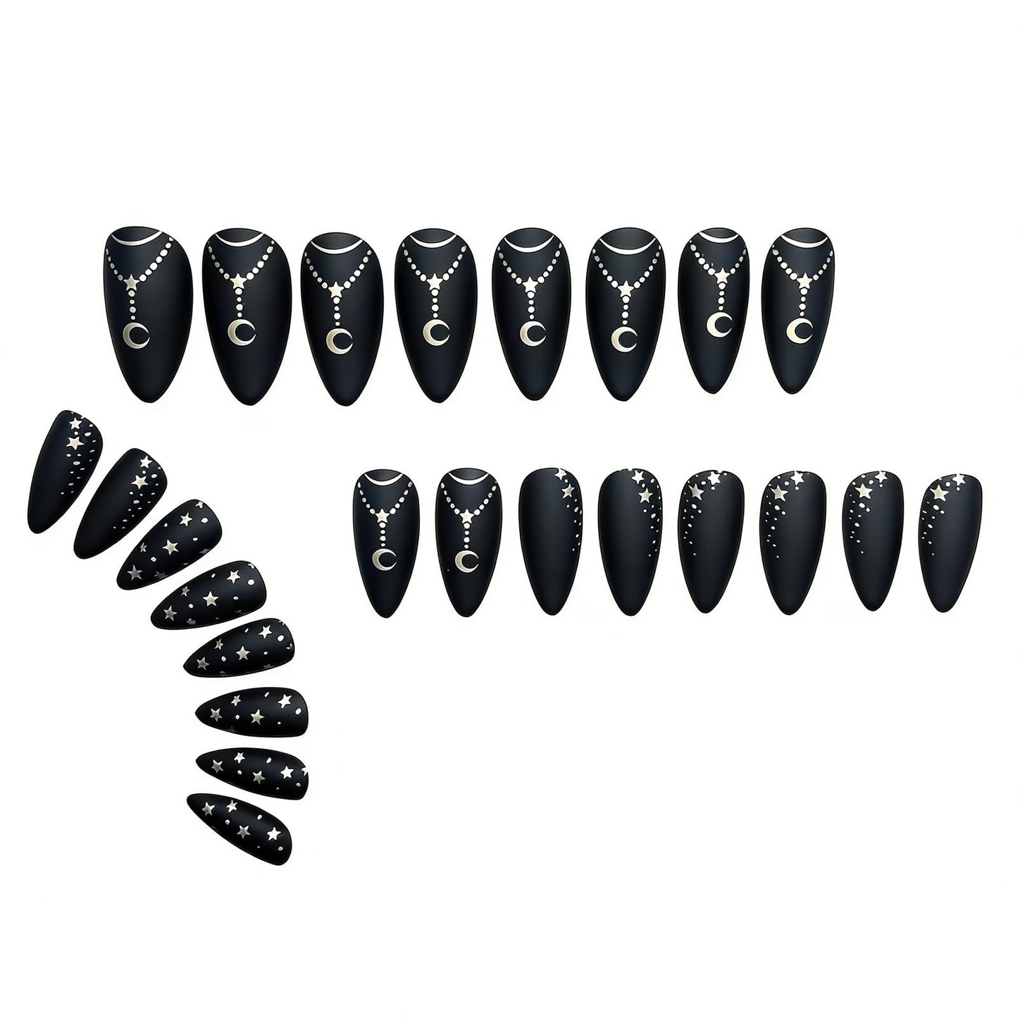 Medium Press on Nails Black Fake Nails Starry Night False Nails with Moon Star Chain Design Almond Shape Artificial Nails Full Cover Starry Sky Acrylic Nails Matte Stick on Nails for Women 24Pcs