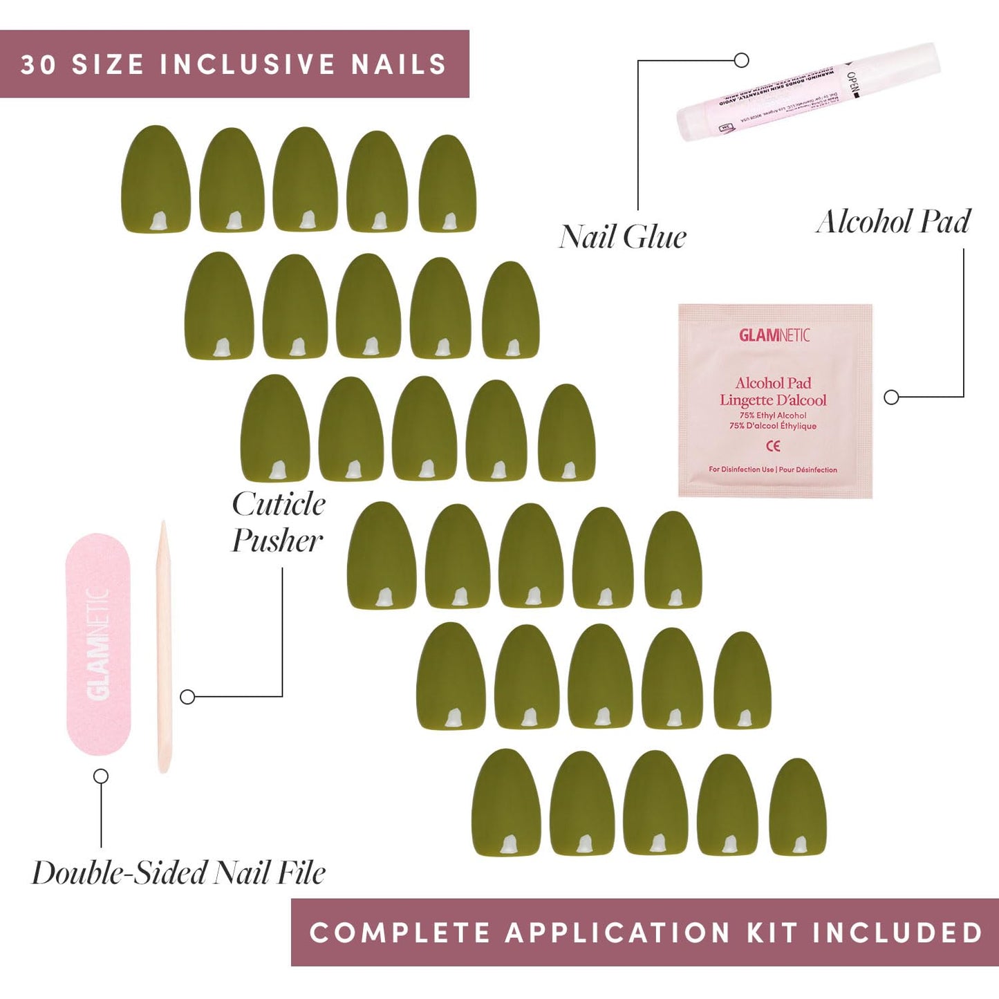 Glamnetic Press On Nails - Moss Green | Opaque Earthy Green Short Oval Fake Nails, Salon Quality | 15 Sizes - 30 Nail Kit