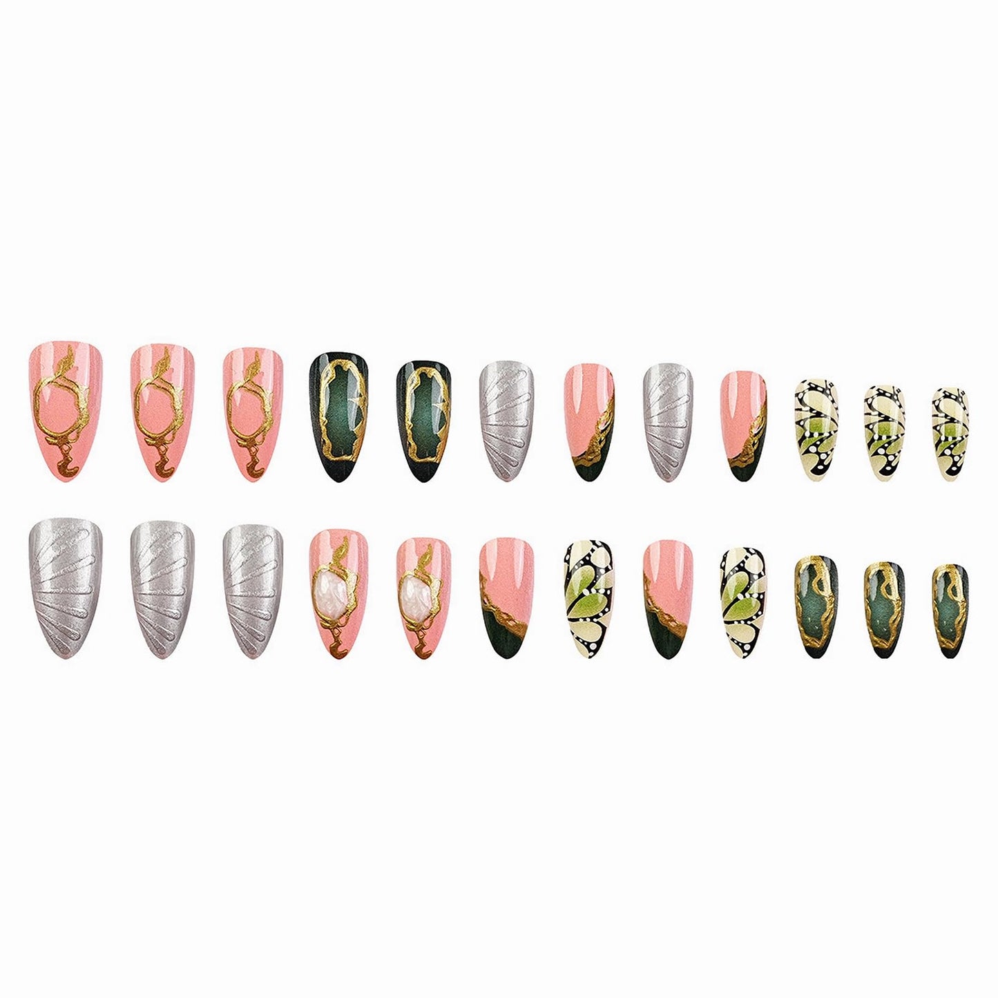 MISUD Press on Nails - Medium Almond Fake Nails with Green Butterfly, Acrylic Gold Chrome Design 24 pcs