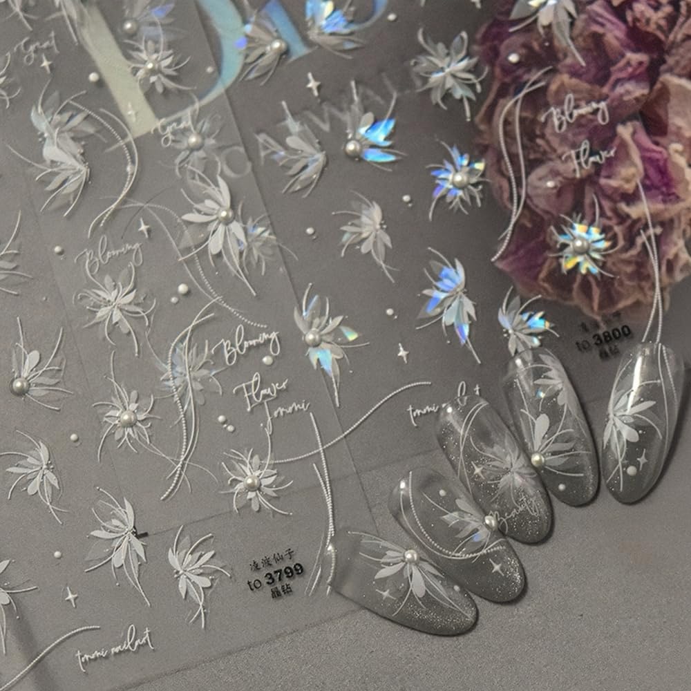 Fairy Pearled Nail Stickers 5D Embossed – Premium Salon-Quality Nail Charm Accessories, Easy Application & Self-Adhesive White Petals Decal for DIY Manicure, Nail Art, Press on, Home or Salon Use