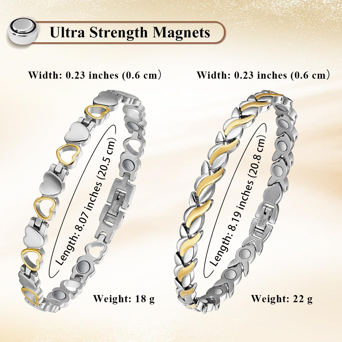 Vicmag Magnetic Bracelets for Women Titanium Steel Bracelet Strong Magnets with Adjustment Tool & Present Box (Silver Gold Fishtail & Love)