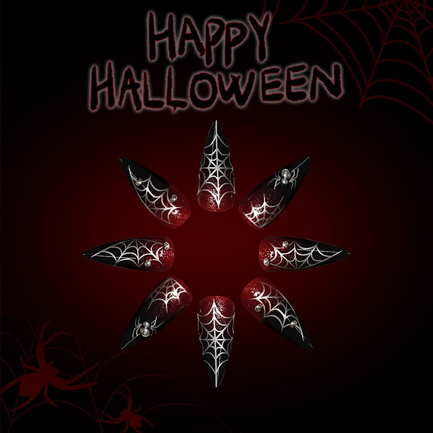 Spider Web Halloween Press on Nails Long Silver Steel Ball Spider Design Halloween Nail Full Cover Glossy Artificial Acrylic False Nail Wine Red Gradinet French Tip Long Stick on Nails for Women