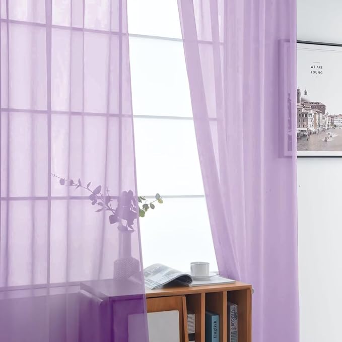 SpaceDresser Lavender Sheer Curtains 4 Panels Rod Pocket Semi-Sheer Curtain 90 Inches Long Light Filtering Voile Window Drapes for Bedroom Living Room Kitchen, Each 52W x 90L