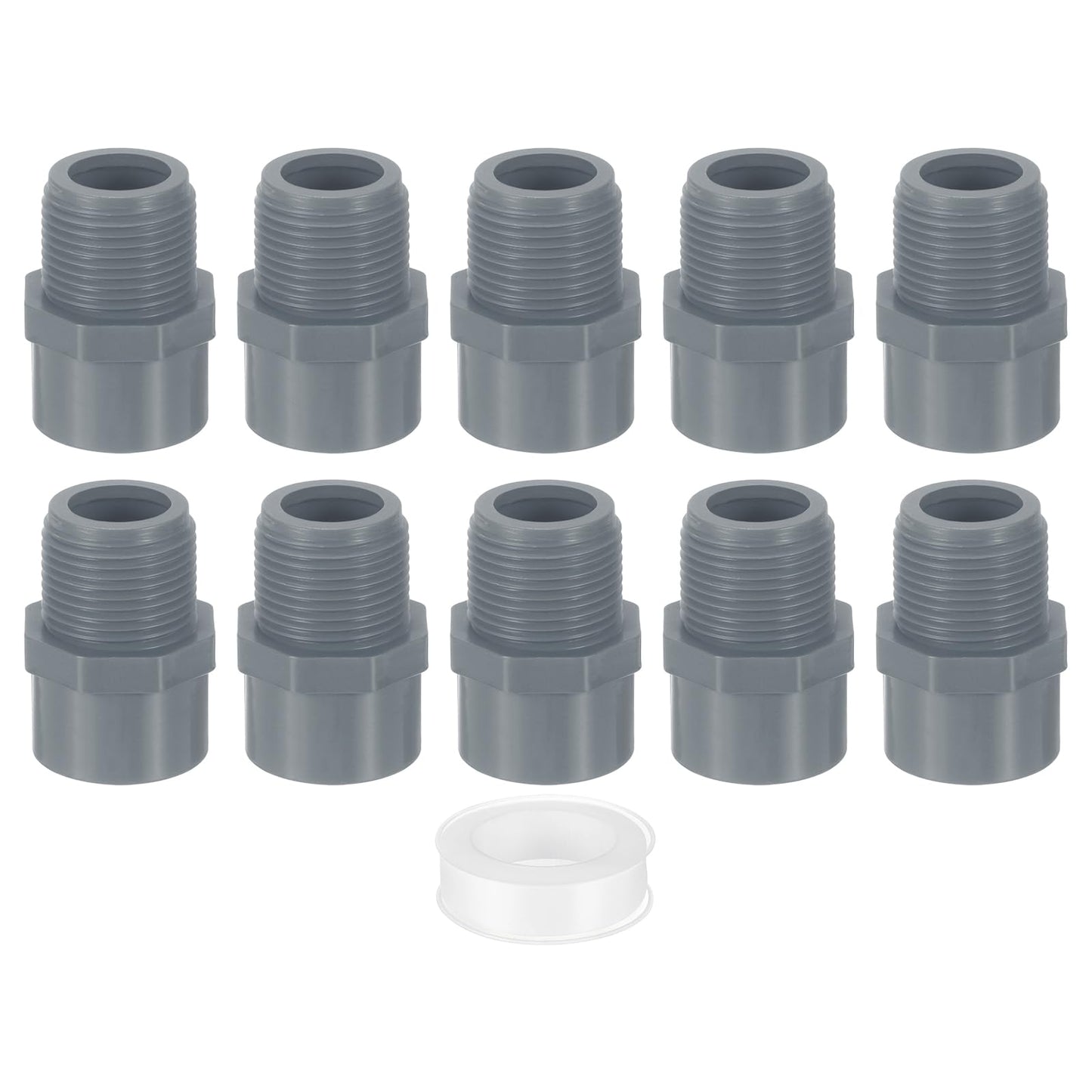 uxcell PVC Male Adapter Pipe Fitting, 10Pcs 3/4" 2-Way PVC Pipe Connectors with Sealant Tape (Socket x Male Thread), Hose Adapter Coupling for Plumbing Water Line (Grey)