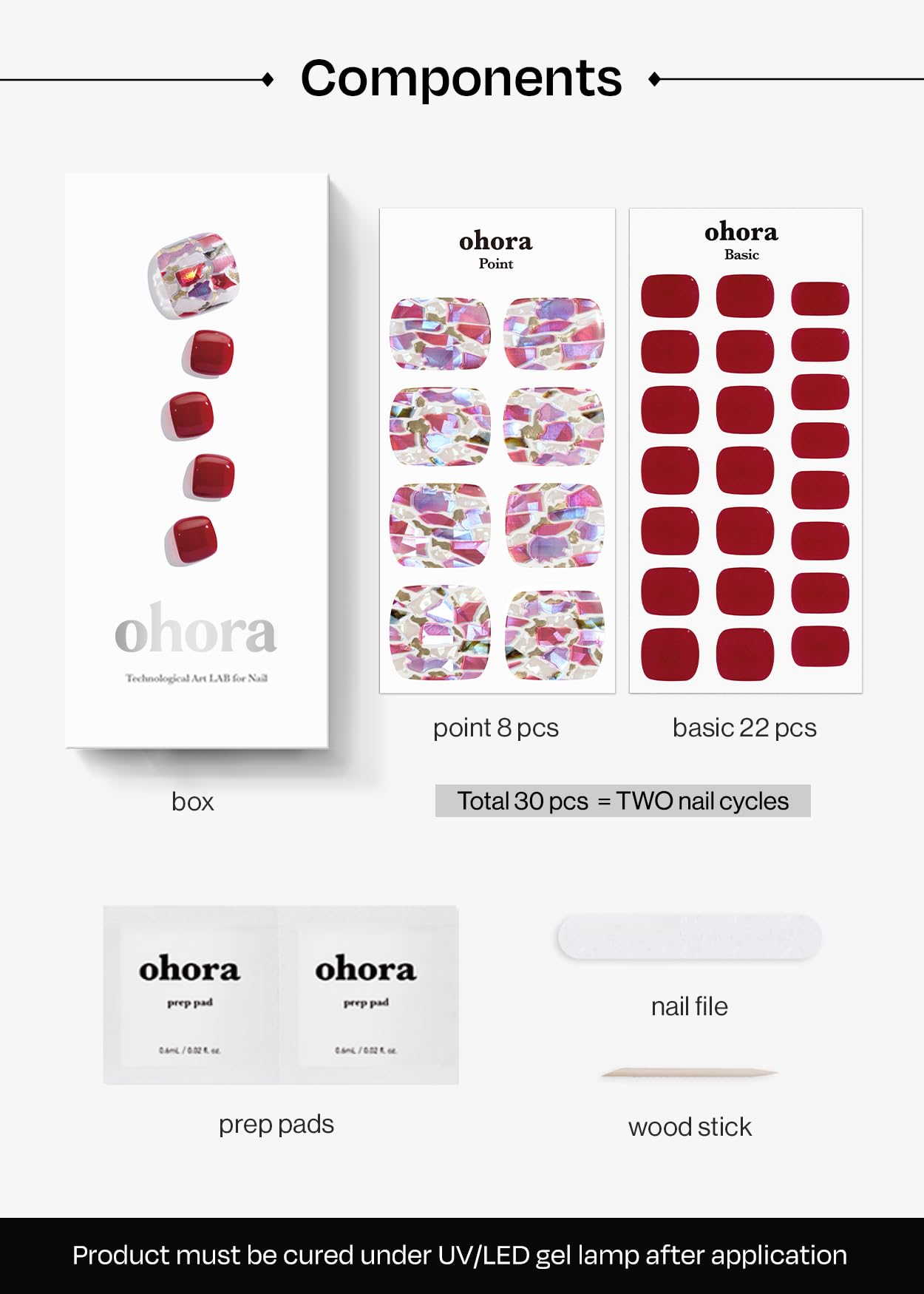 ohora Semi Cured Gel Pedi Strips (P Satin Magenta) - White, Solid, Works with UV/LED Lamps, Salon-Quality, Long Lasting, Easy to Apply & Remove - Includes 2 Prep Pads, Nail File & Wooden Stick