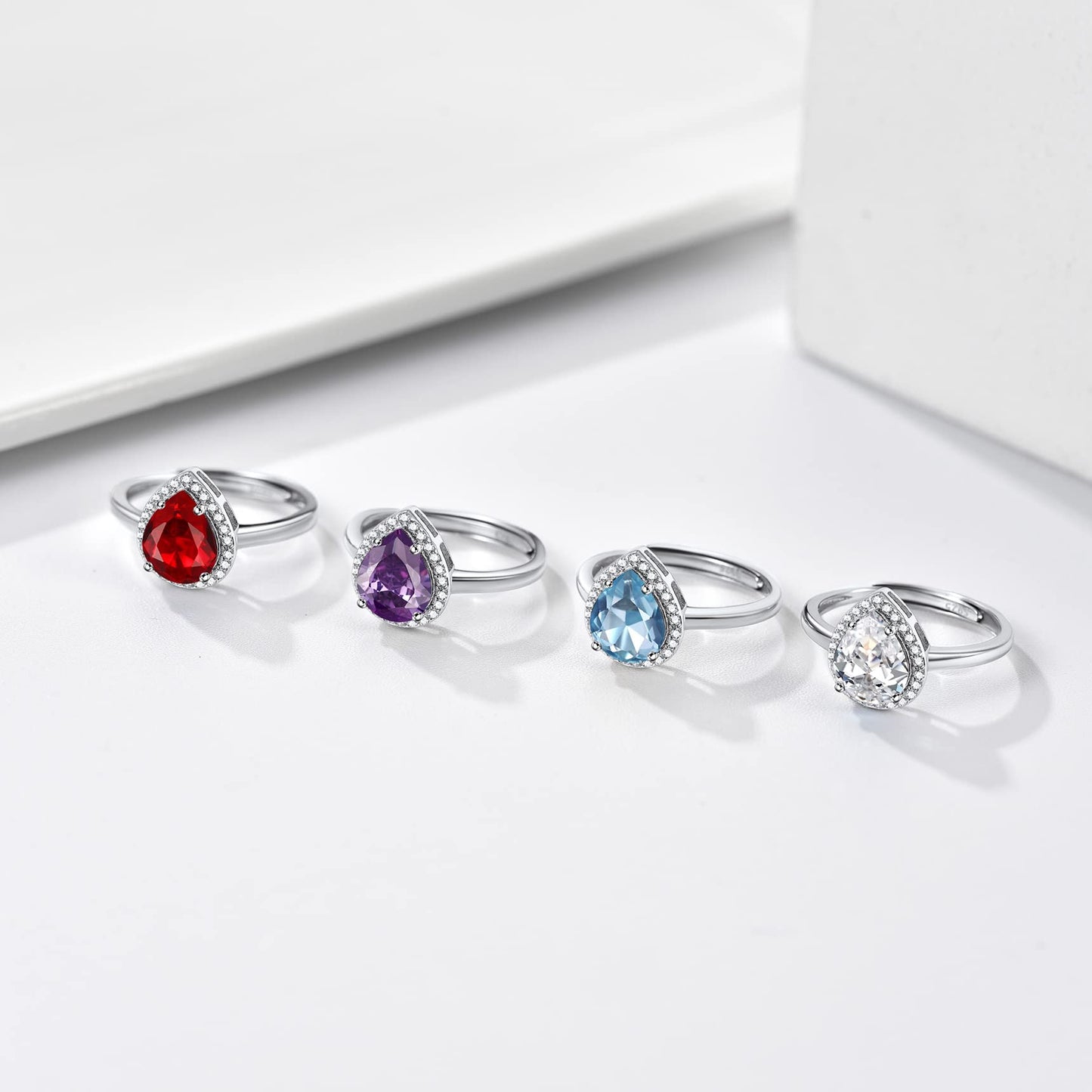 Bestyle 925 Sterling Silver Created Diamond Rings Teardrop Crytsal Rings for Women, 8mm January Granet Birthstone Gemstone Rings Illuminated by 1mm White Cubic Zirconia