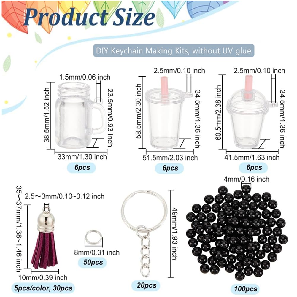 OLYCRAFT 218pcs Mini Cup Keychain Kit NO-Glue Bubble Tea Keychain Accessories Set Bubble Tea Keychains Kit Mini Cup Pendants with Rings Tassels Bubbles Straws for Key Chain DIY Earring Making