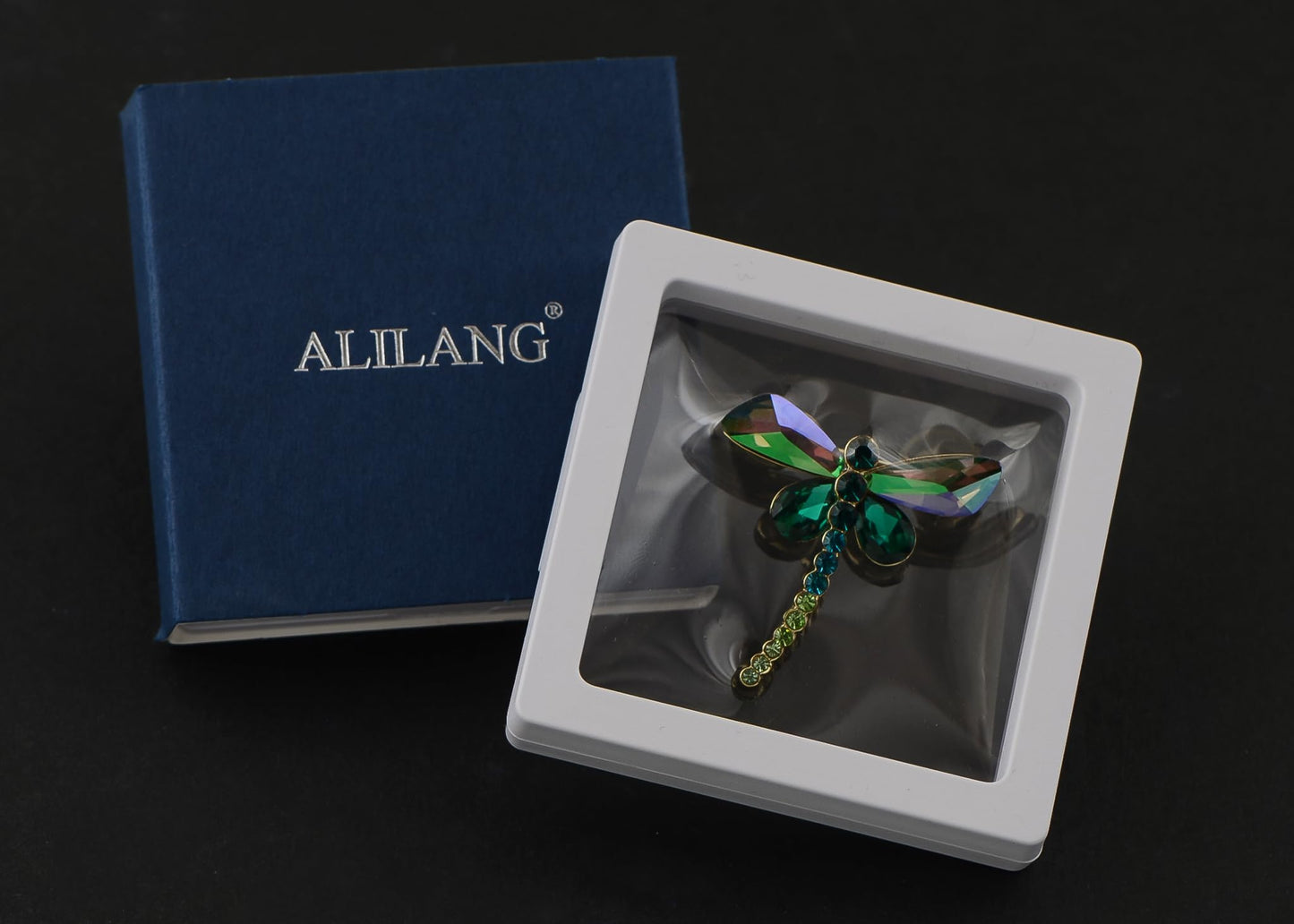 Alilang Silvery Tone Sparkly Crystal Rhinestones Dragonfly Insect Brooch Breastpin Lapel Pins for Women, Green