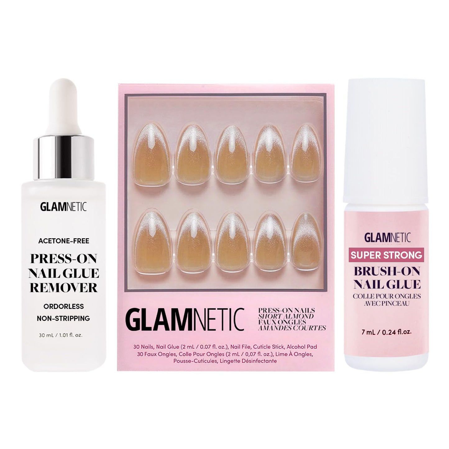 Glamnetic Press-On Nails - Honey Bun | Nude Velvet Sparkly Short Almond Fake Nails | 15 Sizes - 30 Nail Kit with Glue and Remover